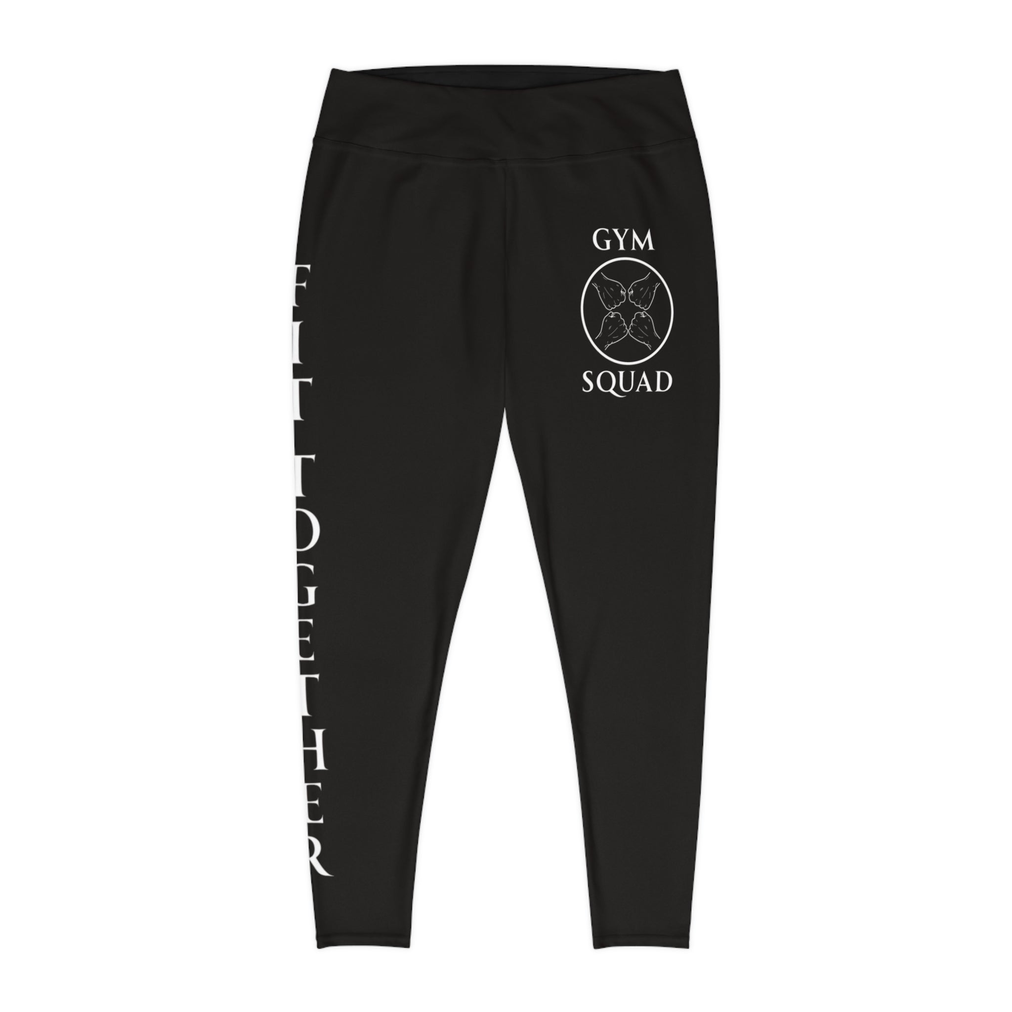 Plus Size Triple Logo Gym Squad Leggings — 'Fit Together' Black Workout AOP